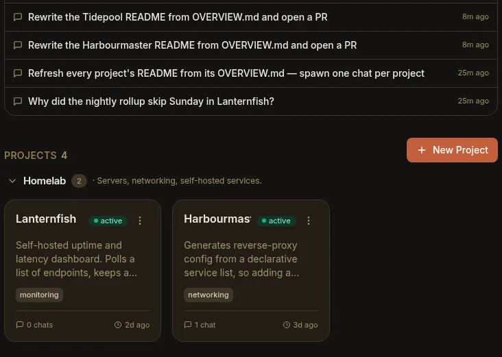 Root Home with the projects grid embedded as a section below the Chats list, carrying its own New Project button